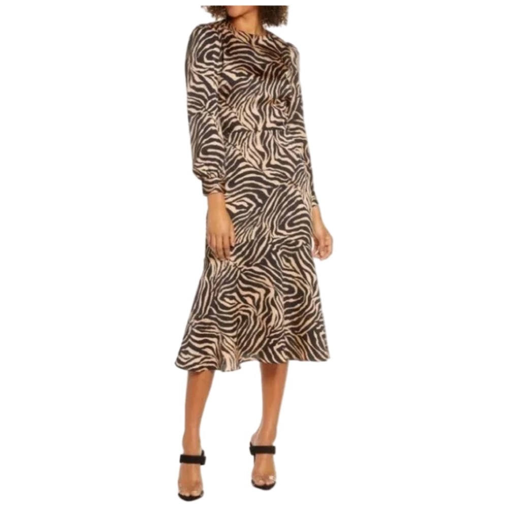 Chelsea28 Zebra Print Midi Dress Long Puff Sleeve